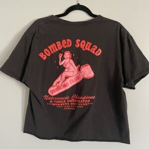 Open 925 Bombed Squad Drinking Club Pin Up Graphic Black T-Shirt XL Cropped